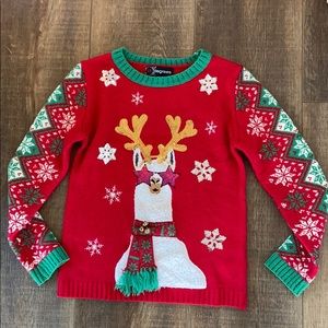 Kids Holiday Sweater with Bells and Llama Raindeer